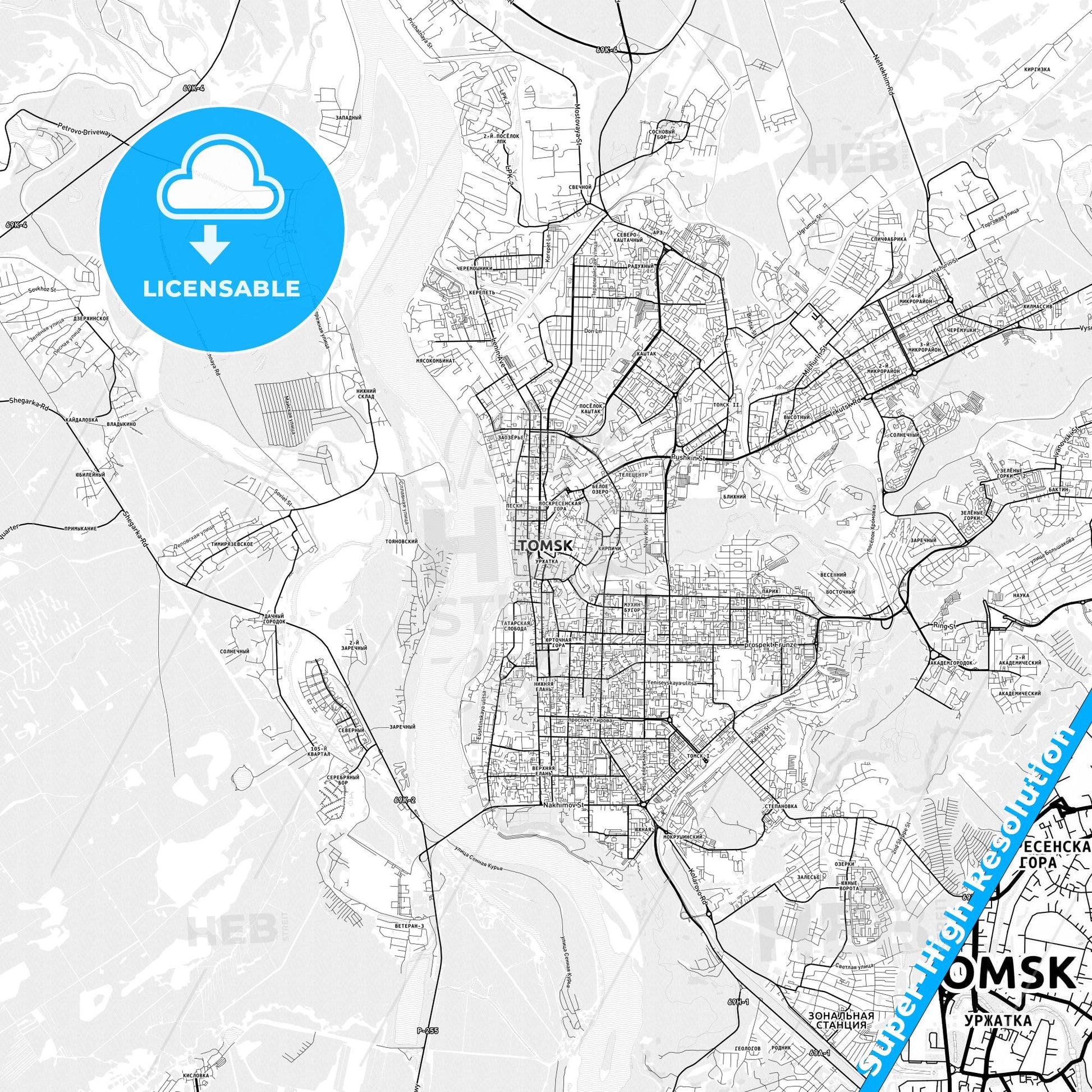 Tomsk, Russia light map with streetnames, citynames and districts
