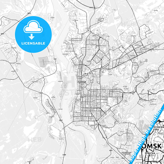 Tomsk, Russia light map with streetnames, citynames and districts