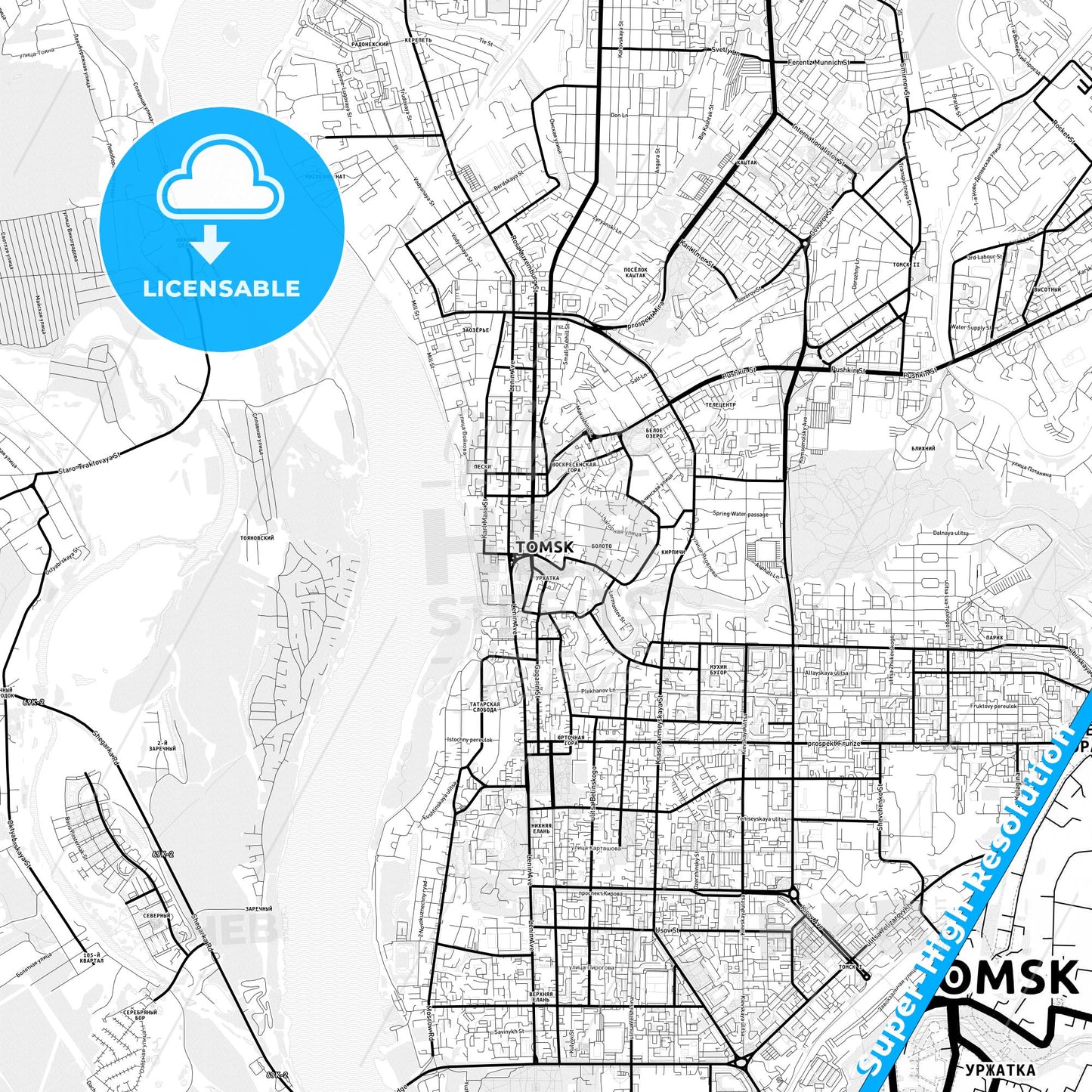 Tomsk, Russia Light Map with Street Names, City Names, and Districts
