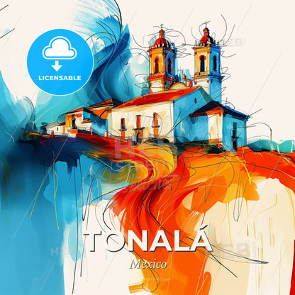 Vibrant Tonalá, Mexico - A Painting Of A Building With Orange And Blue Colors - Square format print template
