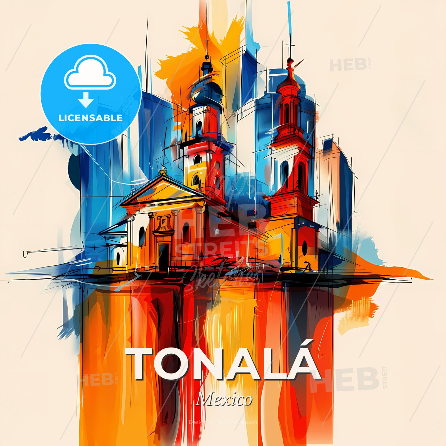 Vibrant Tonalá, Mexico - A Painting Of A Building With Towers And A Cityscape - Square format print template