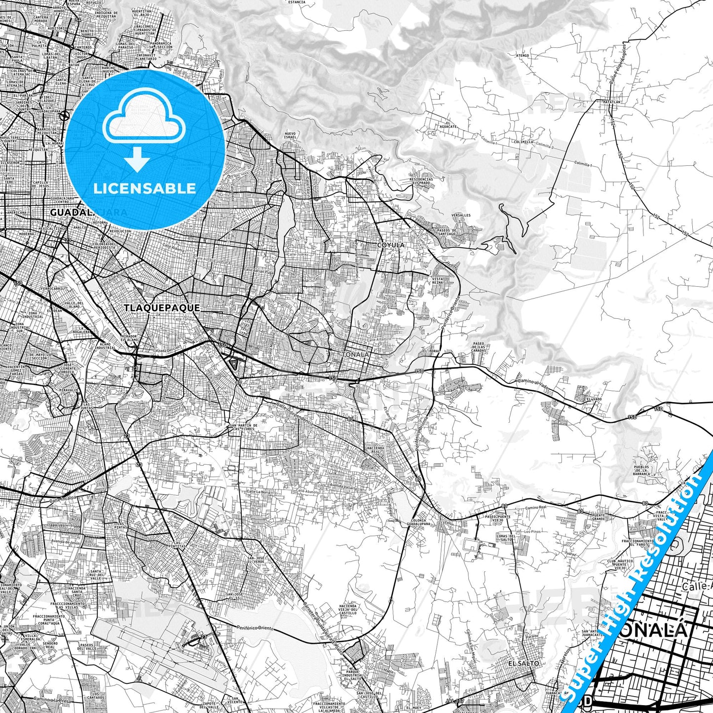 Tonalá, Mexico light map with streetnames, citynames and districts