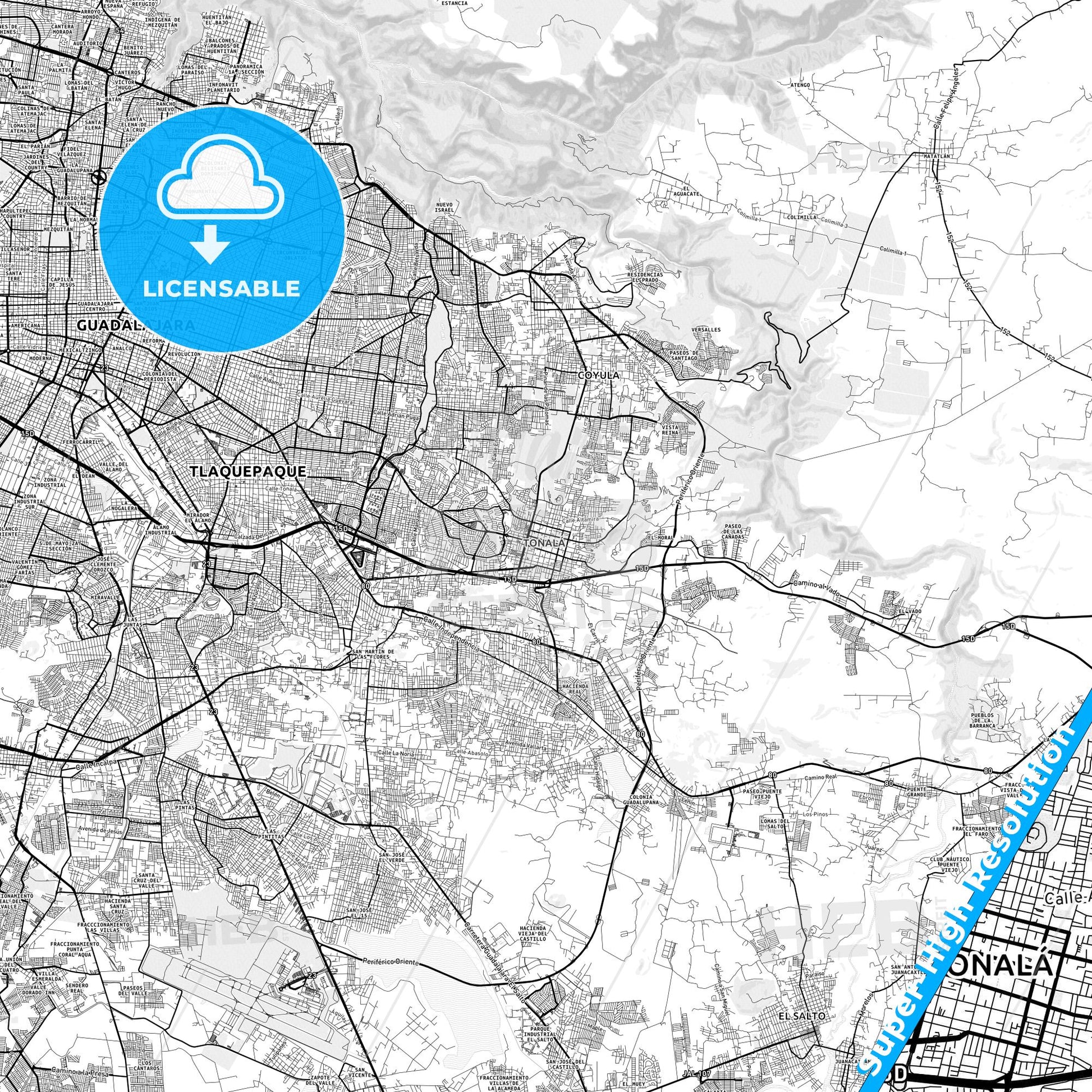Tonalá, Mexico light map with streetnames, citynames and districts