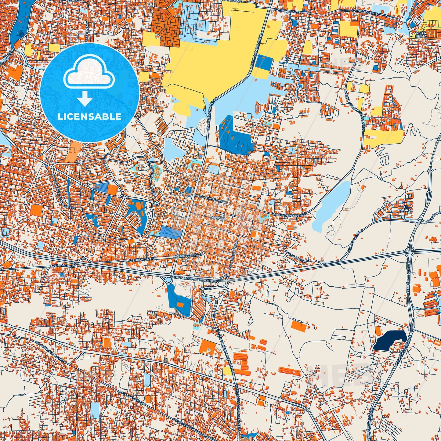 Colorful Tonalá Street Map with Labels and Buildings
