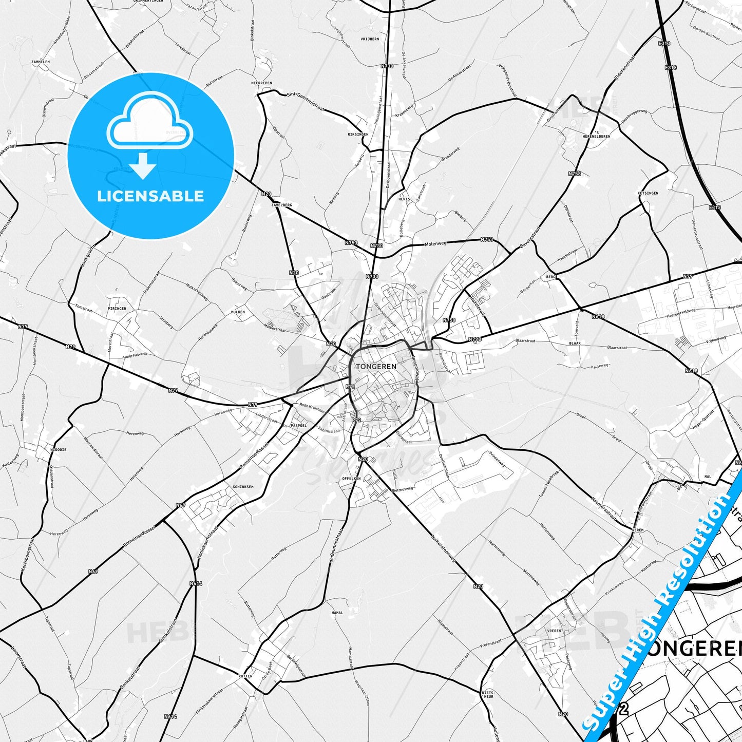 Tongeren, Belgium Light Map with Street Names, City Names, and Districts