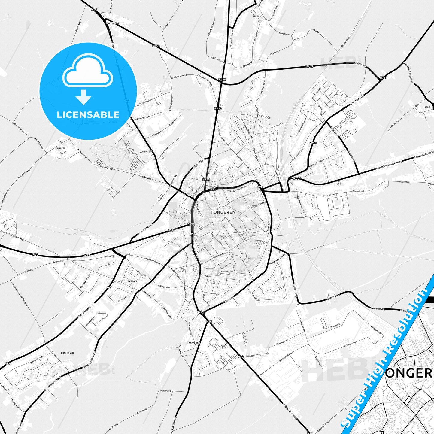 Tongeren, Belgium Light Map with Street Names, City Names, and Districts