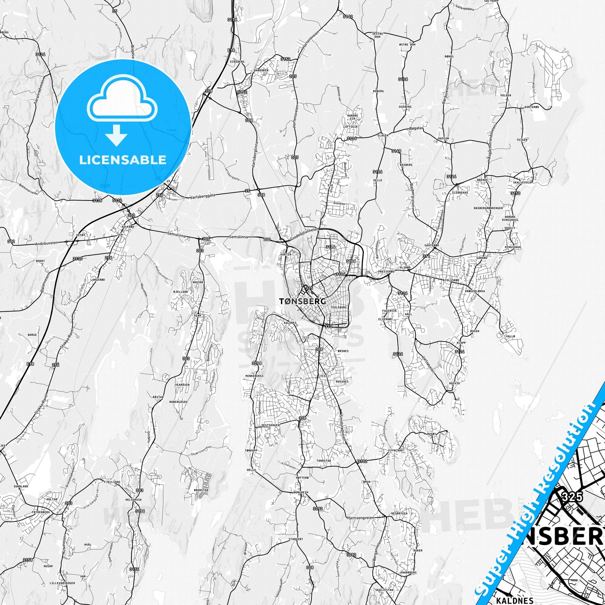 Tønsberg, Norway light map with streetnames, citynames and districts