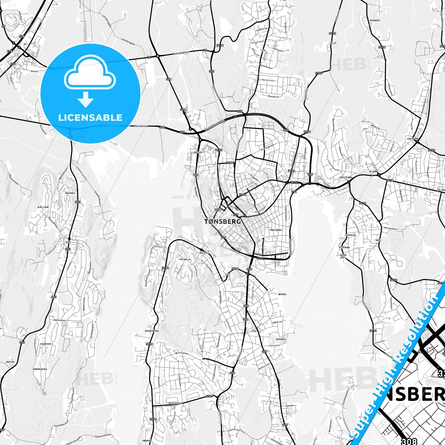 Tønsberg, Norway Light Map with Street Names, City Names, and Districts