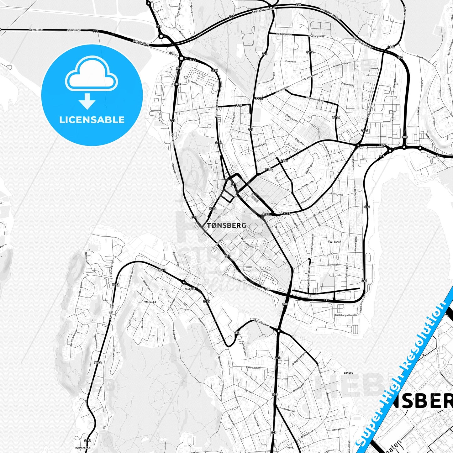 Tønsberg, Norway Light Map with Street Names, City Names, and Districts