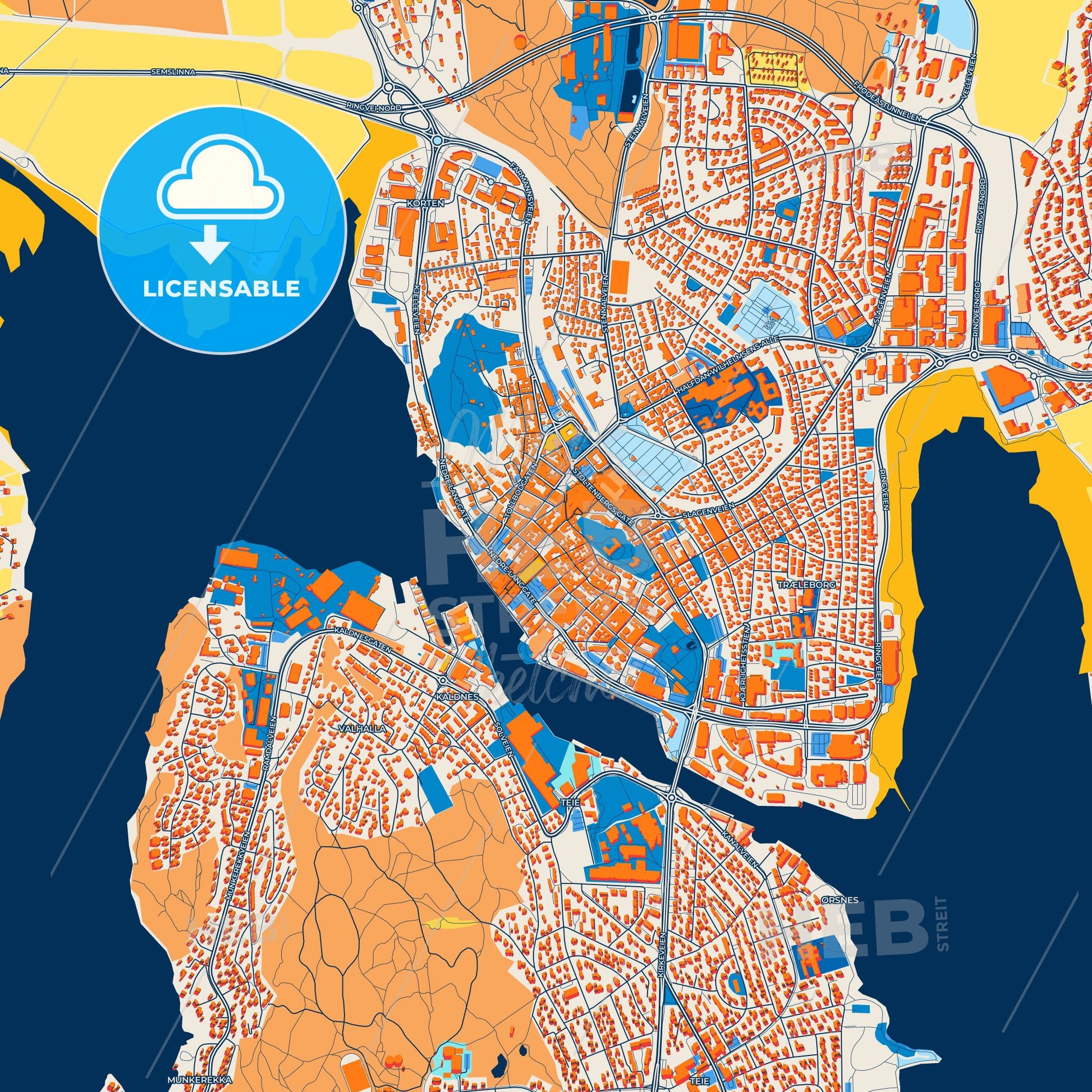 Colorful Tønsberg Street Map with Labels and Buildings