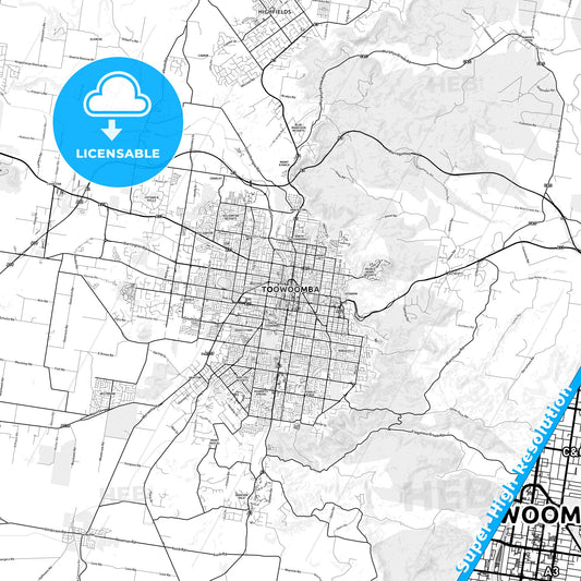 Toowoomba, Australia light map with streetnames, citynames and districts
