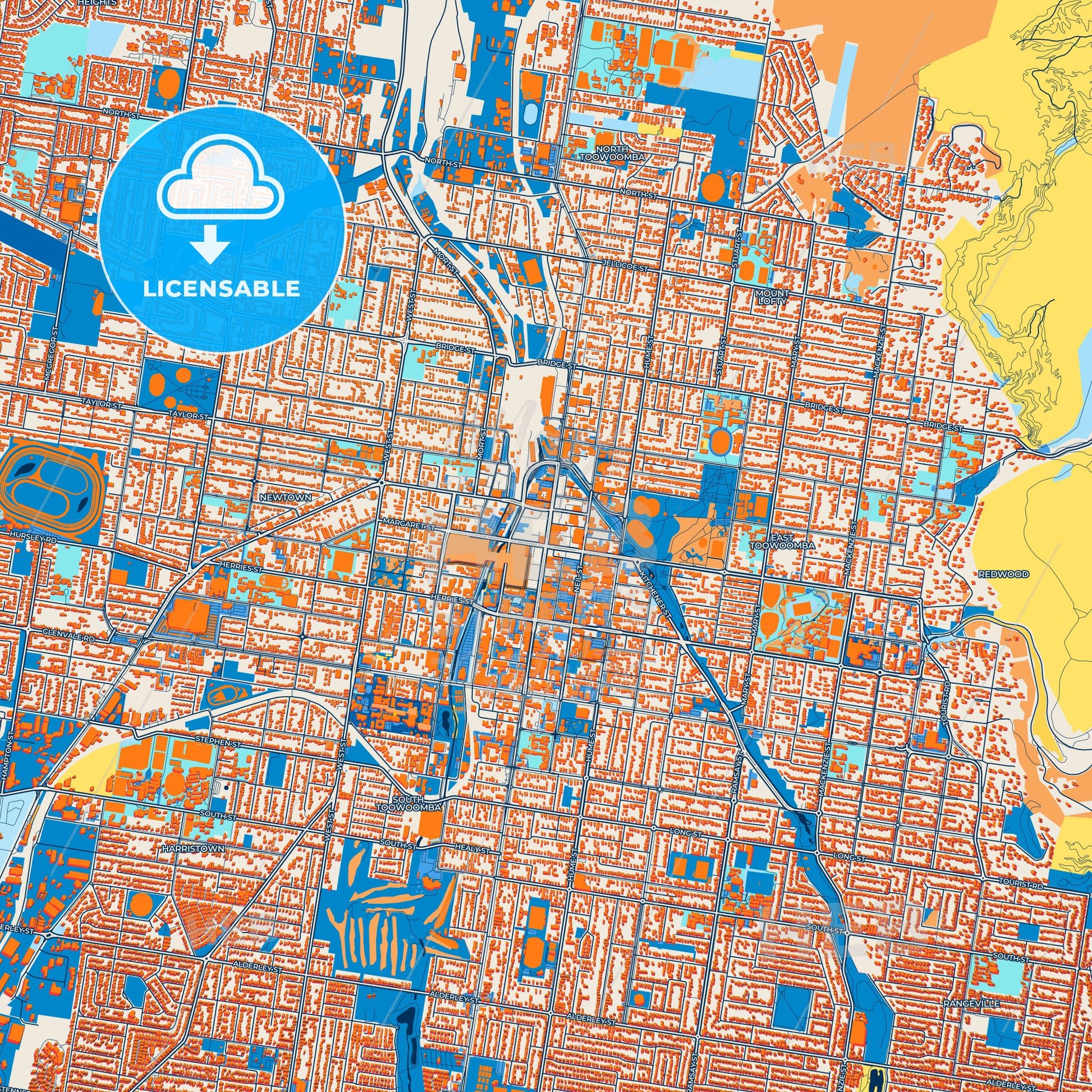 Colorful Toowoomba Street Map with Labels and Buildings