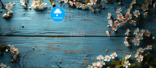 Abstract Floral Art: Vibrant Painting of White Flowers on Blue Wooden Tabletop