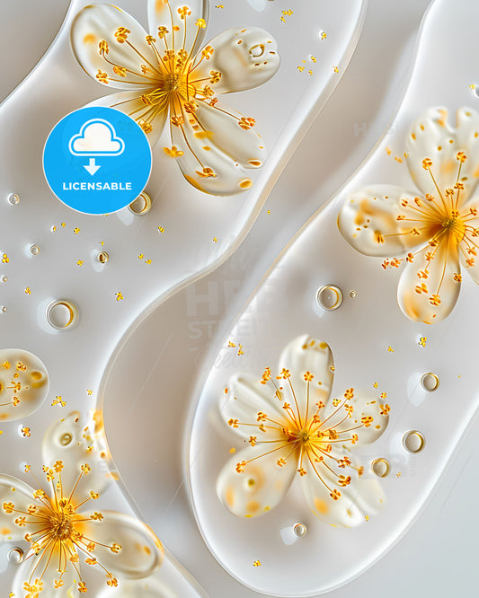 Minimalist Color Blending Transparent Gel Patches with Yellow Flowers and Bubbles, High-Resolution Photography, Clean Lines, Soft Details