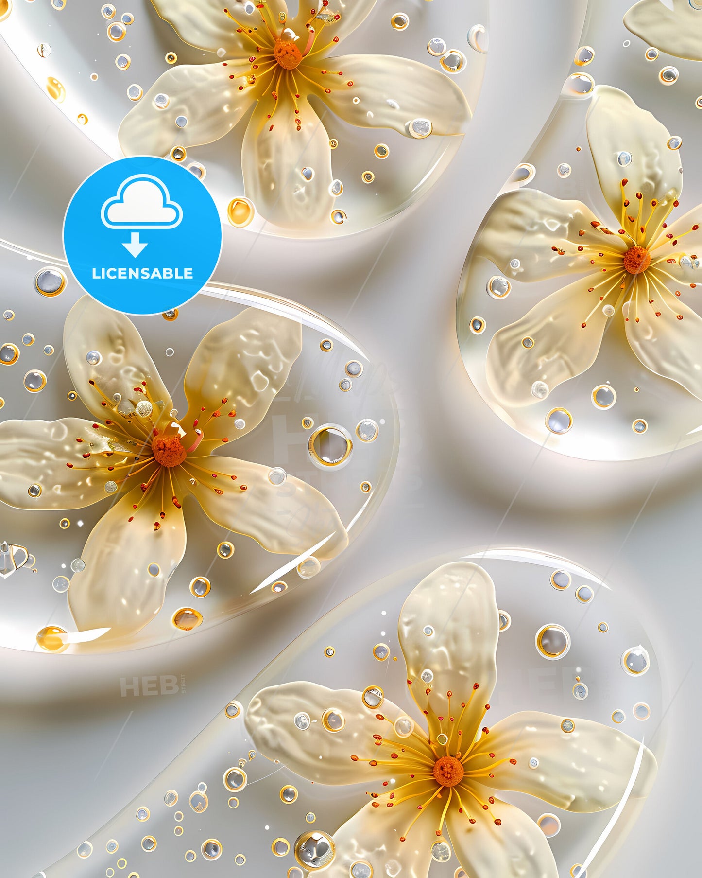 Top view of three clear gel patches decorated with vibrant yellow flowers, white background, high-resolution photography, seamless style