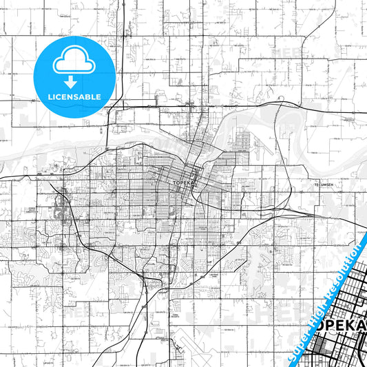 Topeka, Kansas light map with streetnames, citynames and districts