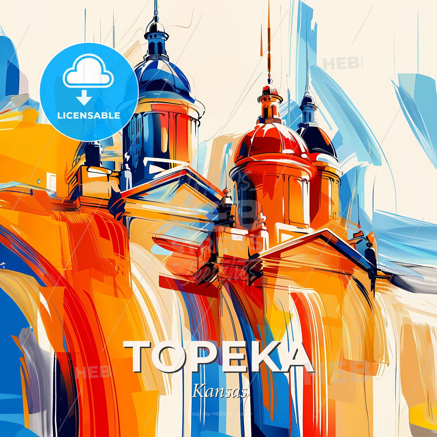 Vibrant Topeka, Kansas - A Painting Of A Building With A Colorful Background - Square format print template