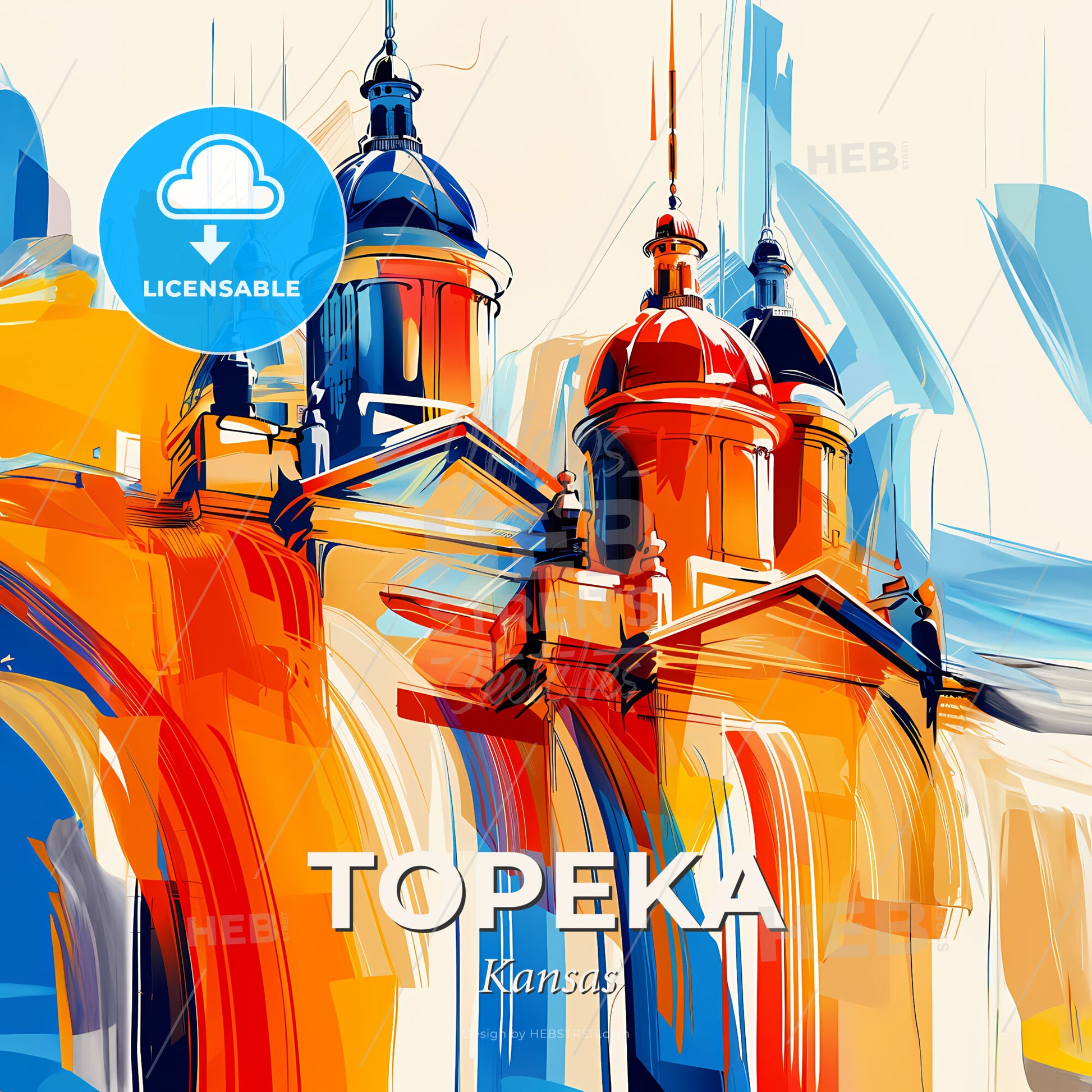 Vibrant Topeka, Kansas - A Painting Of A Building With A Colorful Background - Square format print template