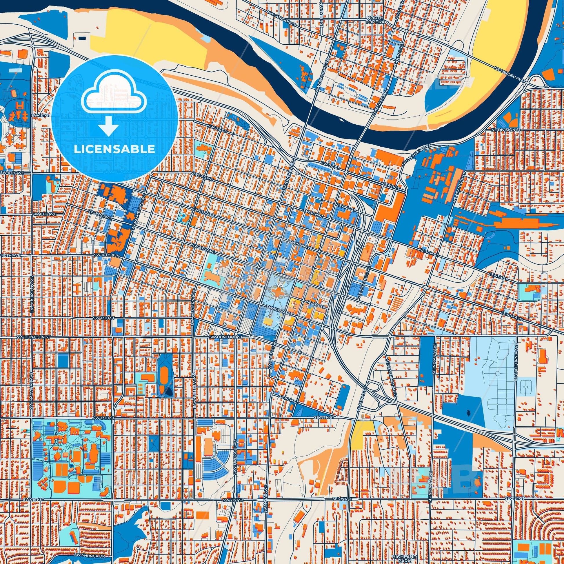 Colorful Topeka Street Map with Labels and Buildings