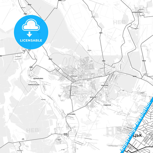 Toretsk, Ukraine light map with streetnames, citynames and districts