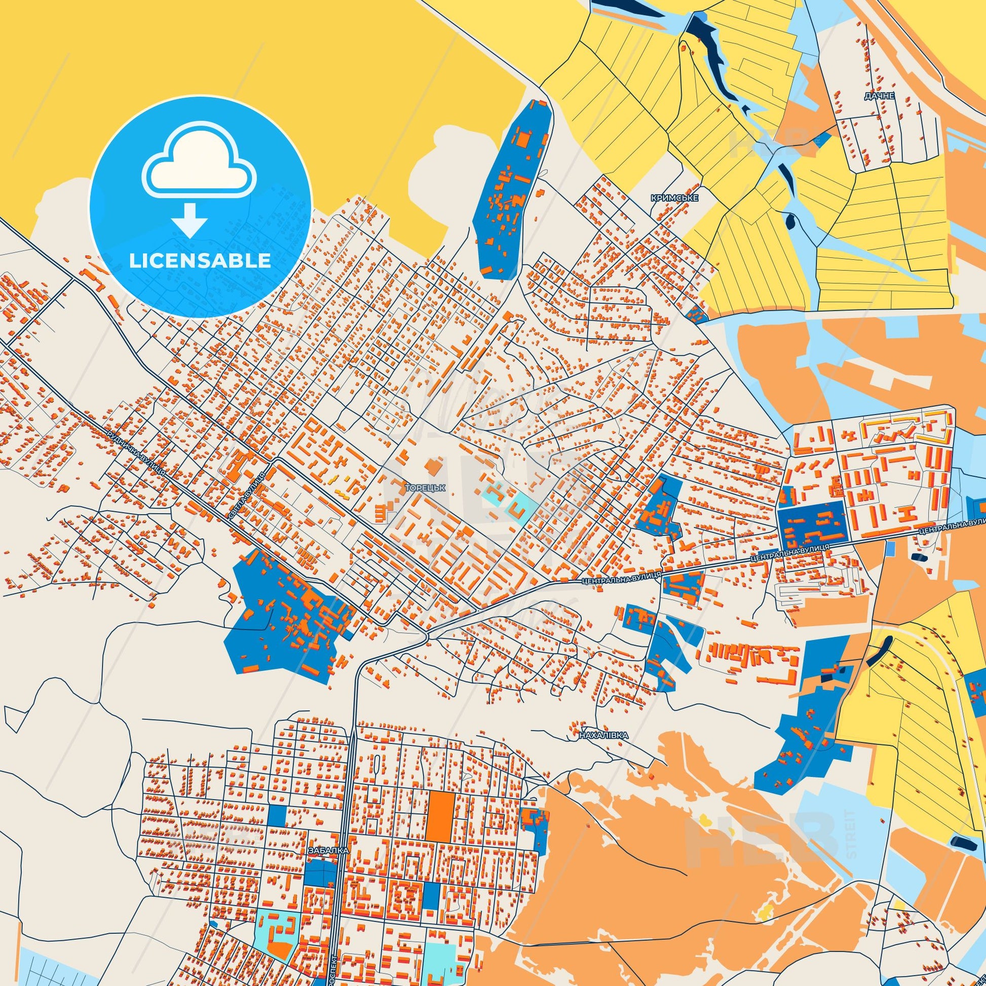 Colorful Toretsk Street Map with Labels and Buildings