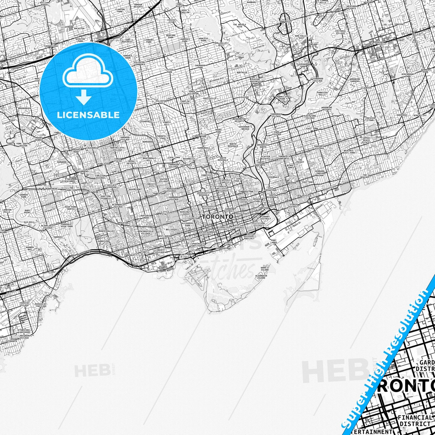 Toronto, Canada light map with streetnames, citynames and districts