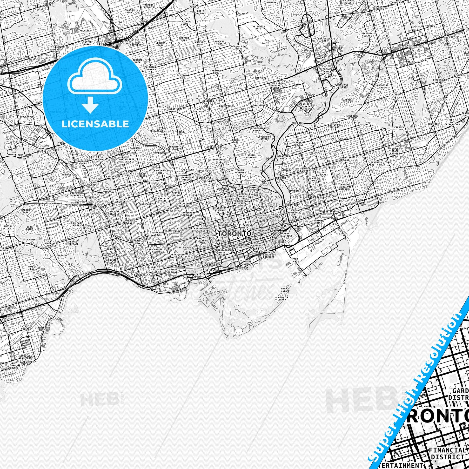 Toronto, Canada light map with streetnames, citynames and districts