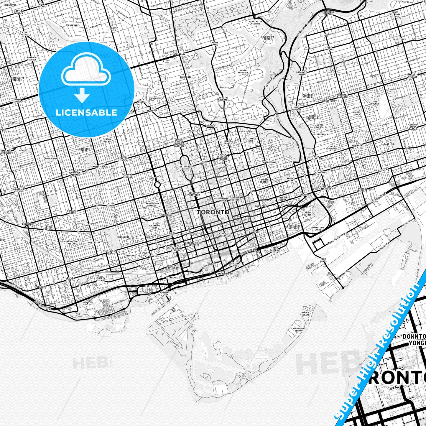 Toronto, Canada Light Map with Street Names, City Names, and Districts