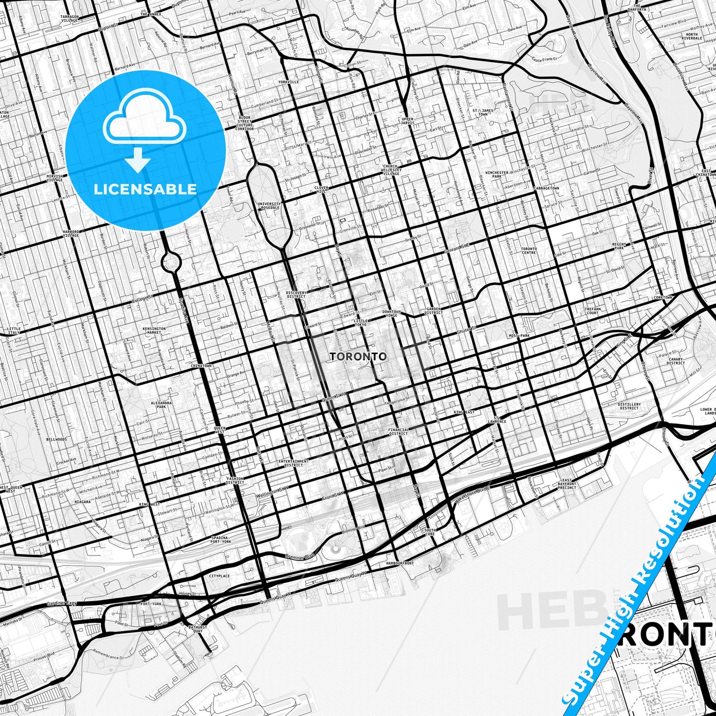 Toronto, Canada Light Map with Street Names, City Names, and Districts