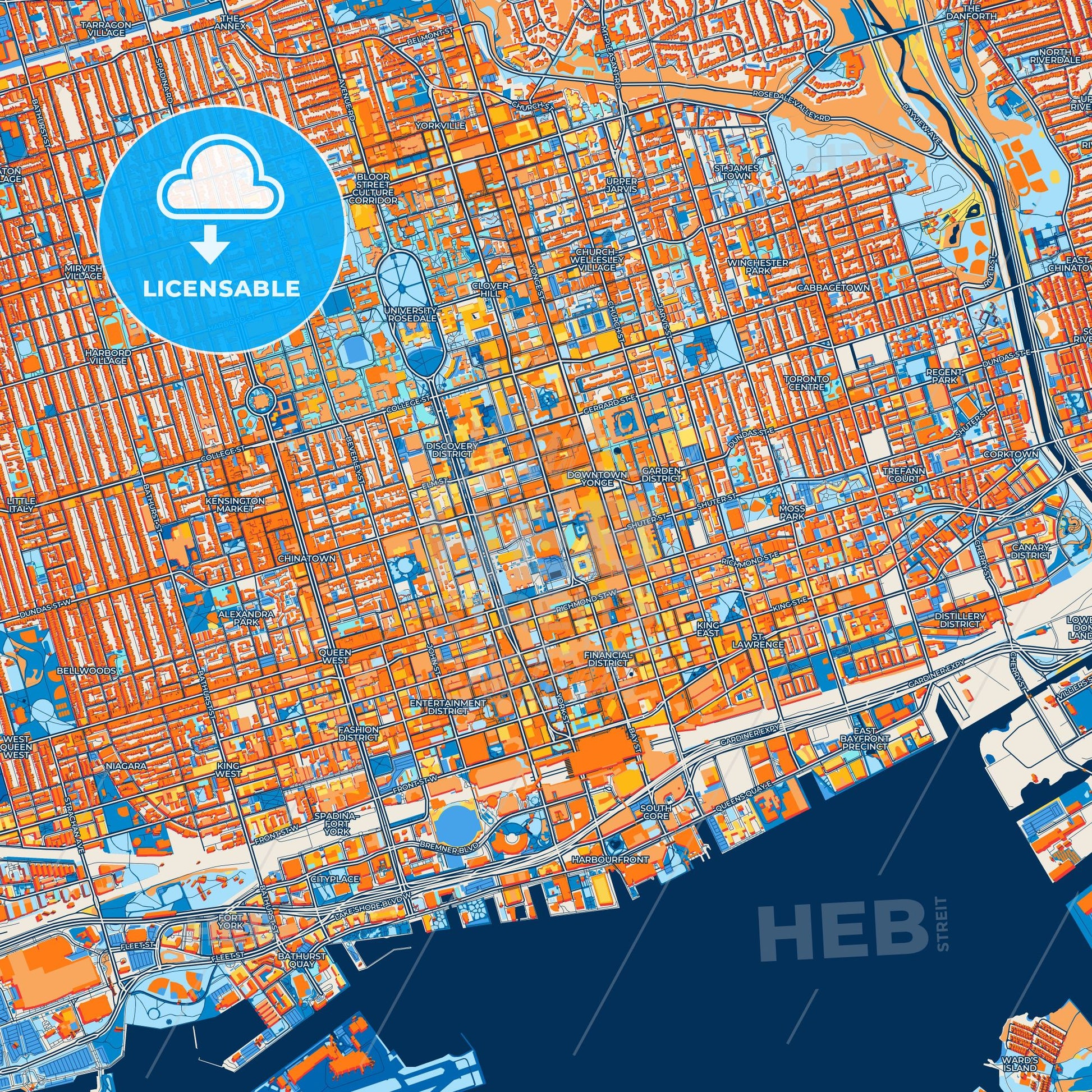 Colorful Toronto Street Map with Labels and Buildings