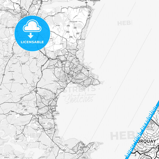 Torquay, England light map with streetnames, citynames and districts