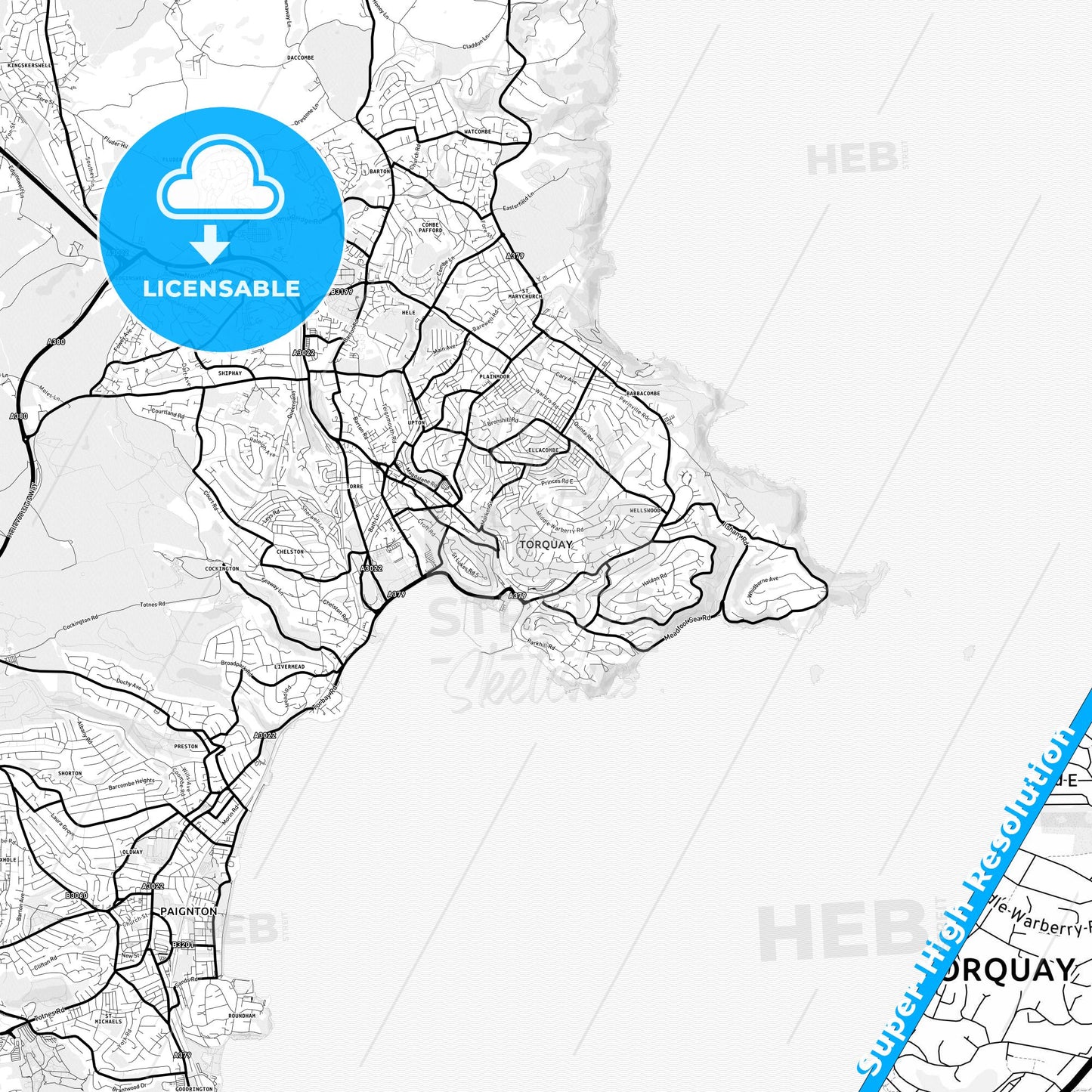 Torquay, England Light Map with Street Names, City Names, and Districts