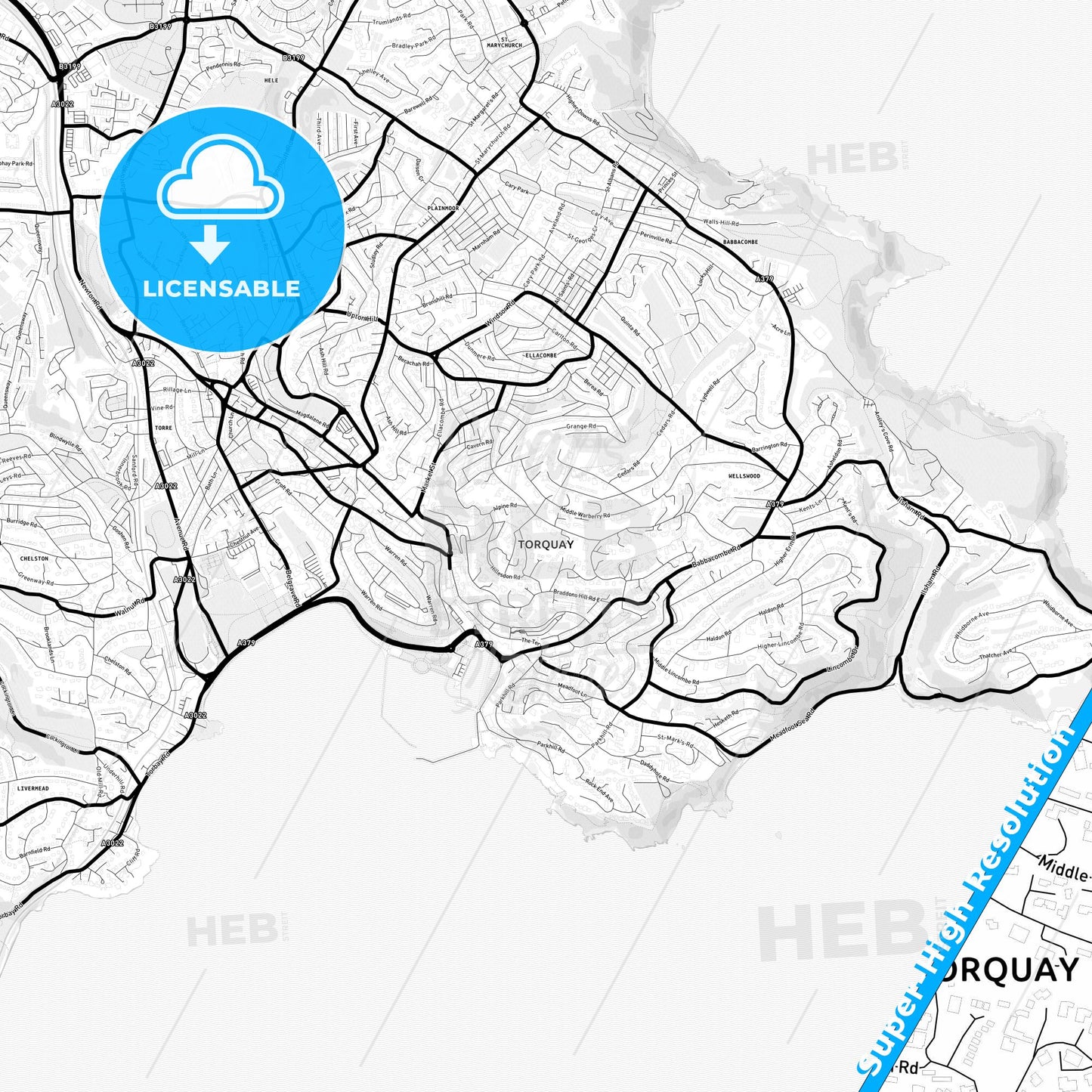 Torquay, England Light Map with Street Names, City Names, and Districts