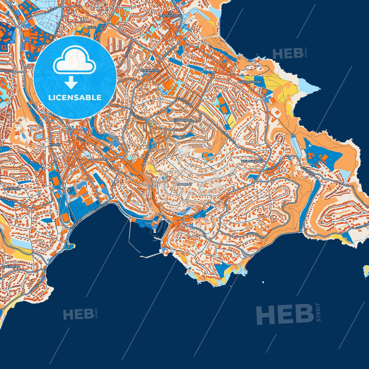 Colorful Torquay Street Map with Labels and Buildings