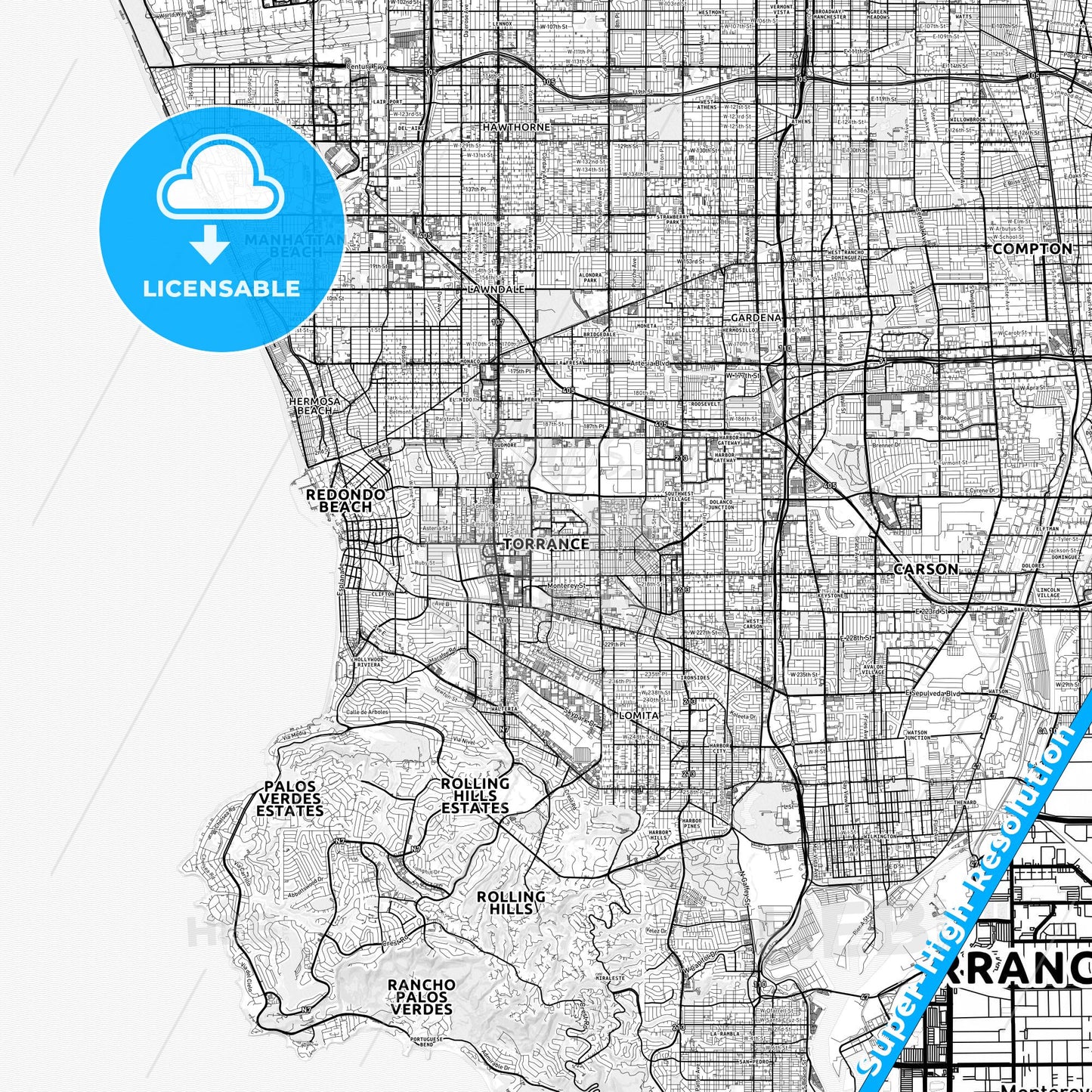 Torrance, California light map with streetnames, citynames and districts