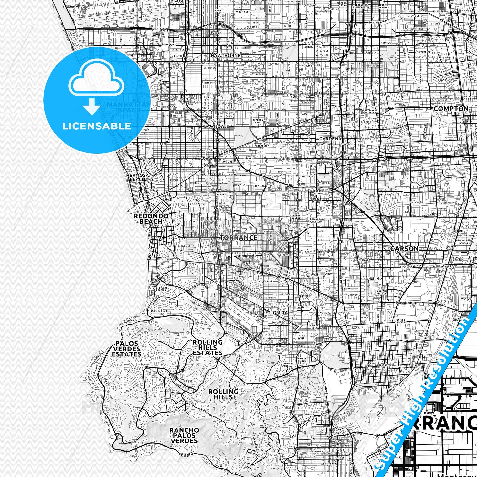 Torrance, California light map with streetnames, citynames and districts