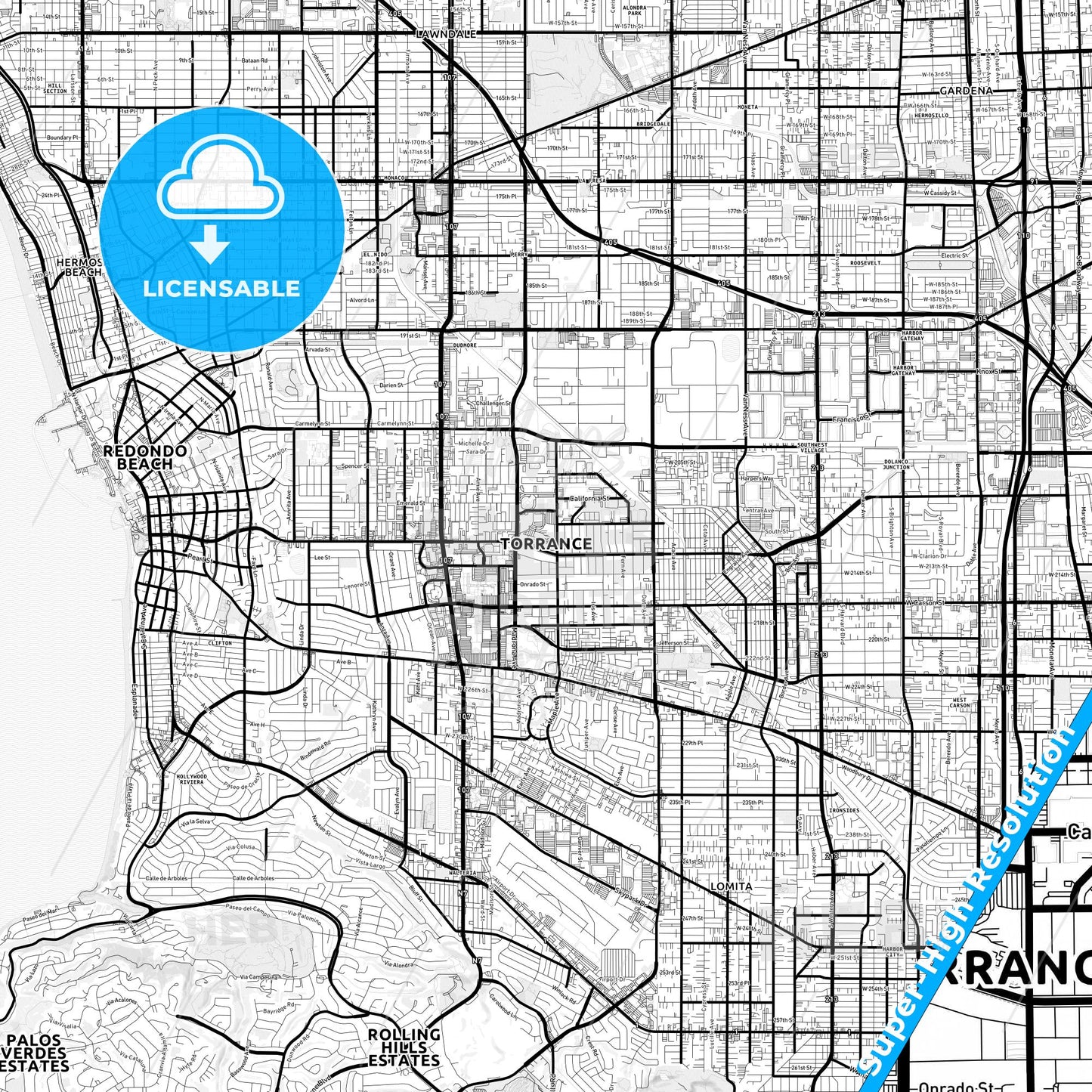 Torrance, California Light Map with Street Names, City Names, and Districts