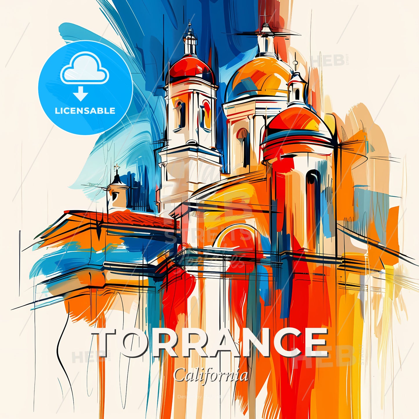Vibrant Torrance, California - A Painting Of A Building With Colorful Domes - Square format print template