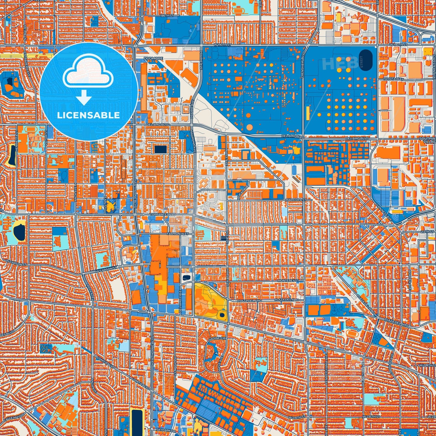 Colorful Torrance Street Map with Labels and Buildings