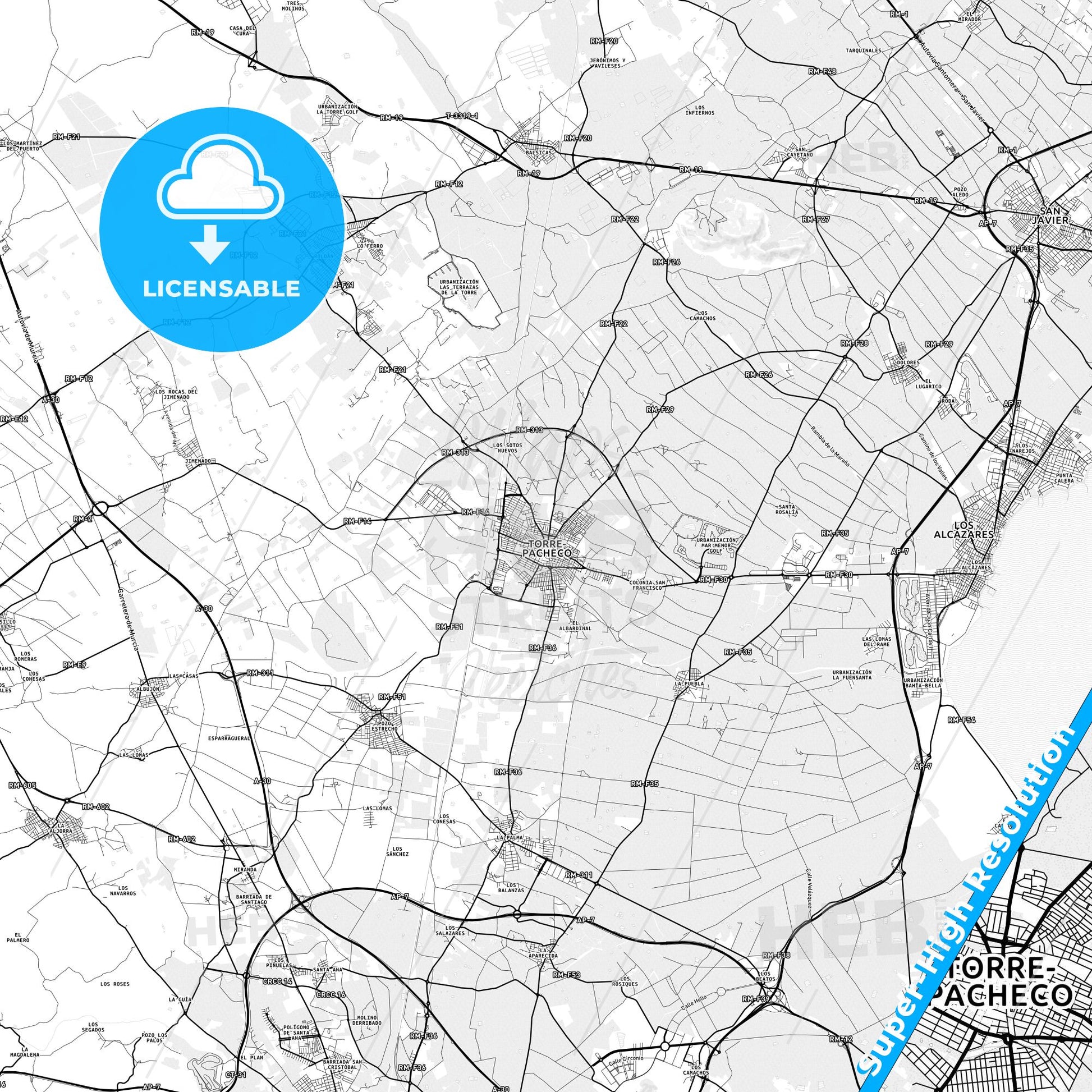 Torre-Pacheco, Spain light map with streetnames, citynames and districts