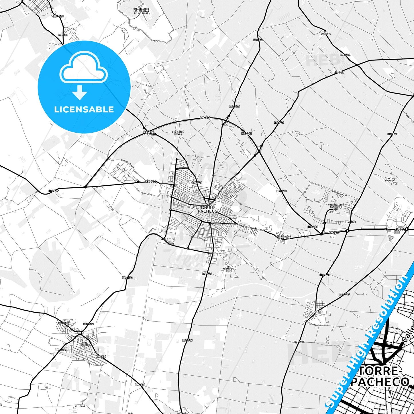 Torre-Pacheco, Spain Light Map with Street Names, City Names, and Districts