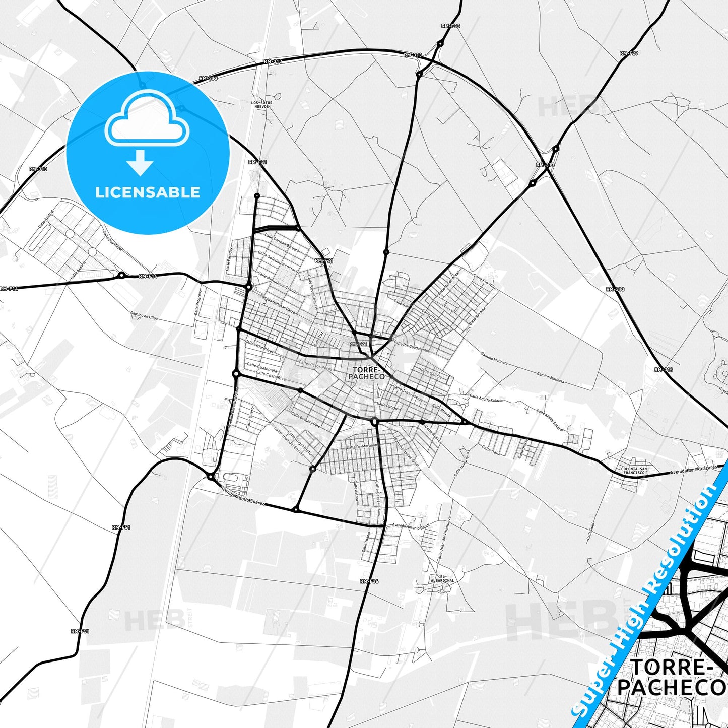 Torre-Pacheco, Spain Light Map with Street Names, City Names, and Districts