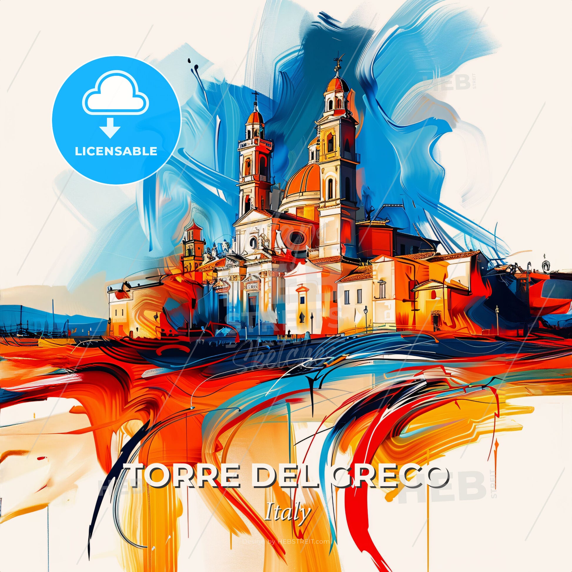 Vibrant Torre Del Greco, Italy - A Painting Of A Building With A Colorful Background - Square format print template