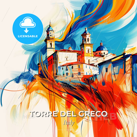 Vibrant Torre Del Greco, Italy - A Painting Of A Building With Towers And A Colorful Background - Square format print template