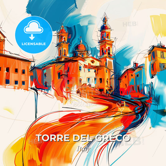 Vibrant Torre Del Greco, Italy - A Painting Of A Building With Towers And A Road - Square format print template