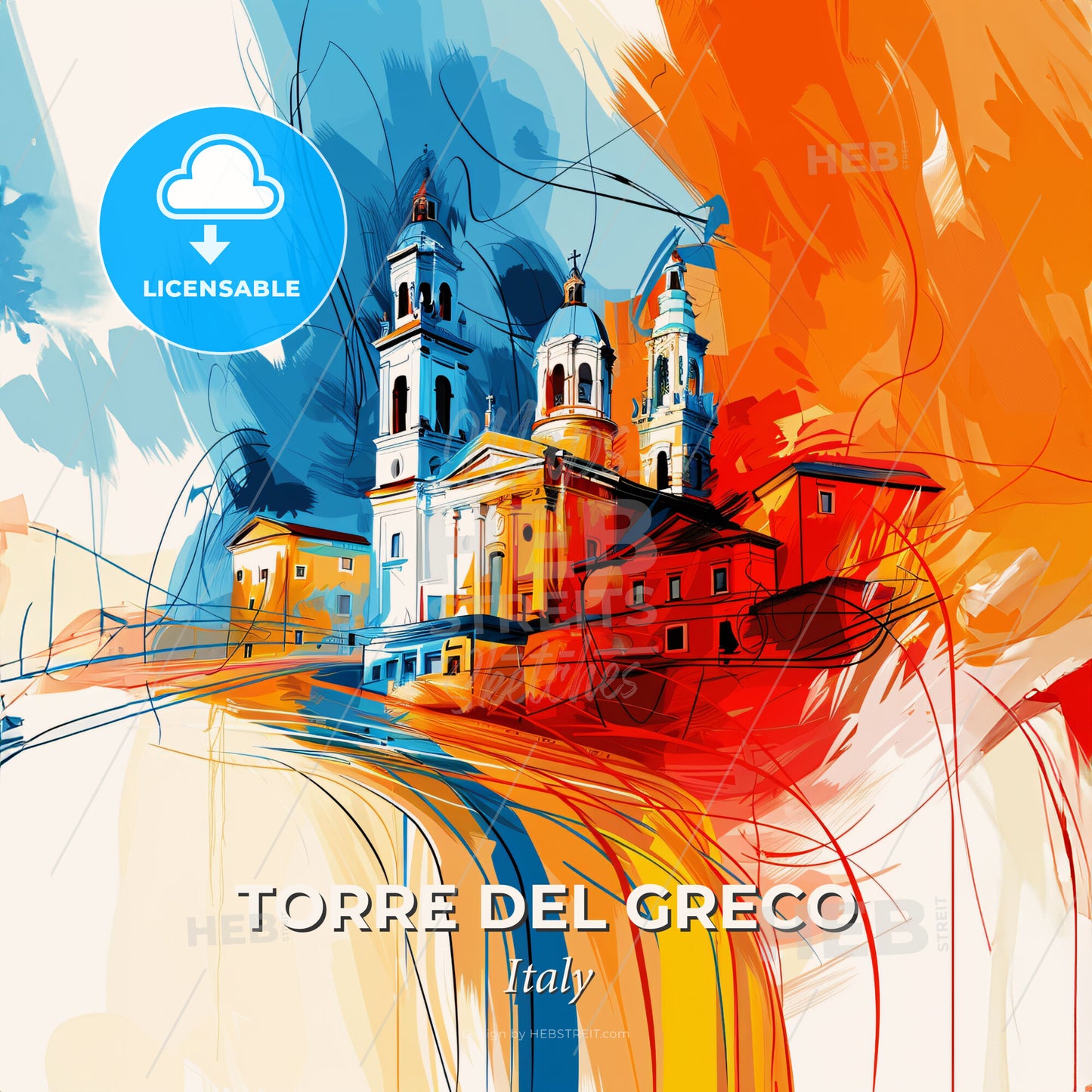 Vibrant Torre Del Greco, Italy - A Painting Of A Building With Towers - Square format print template