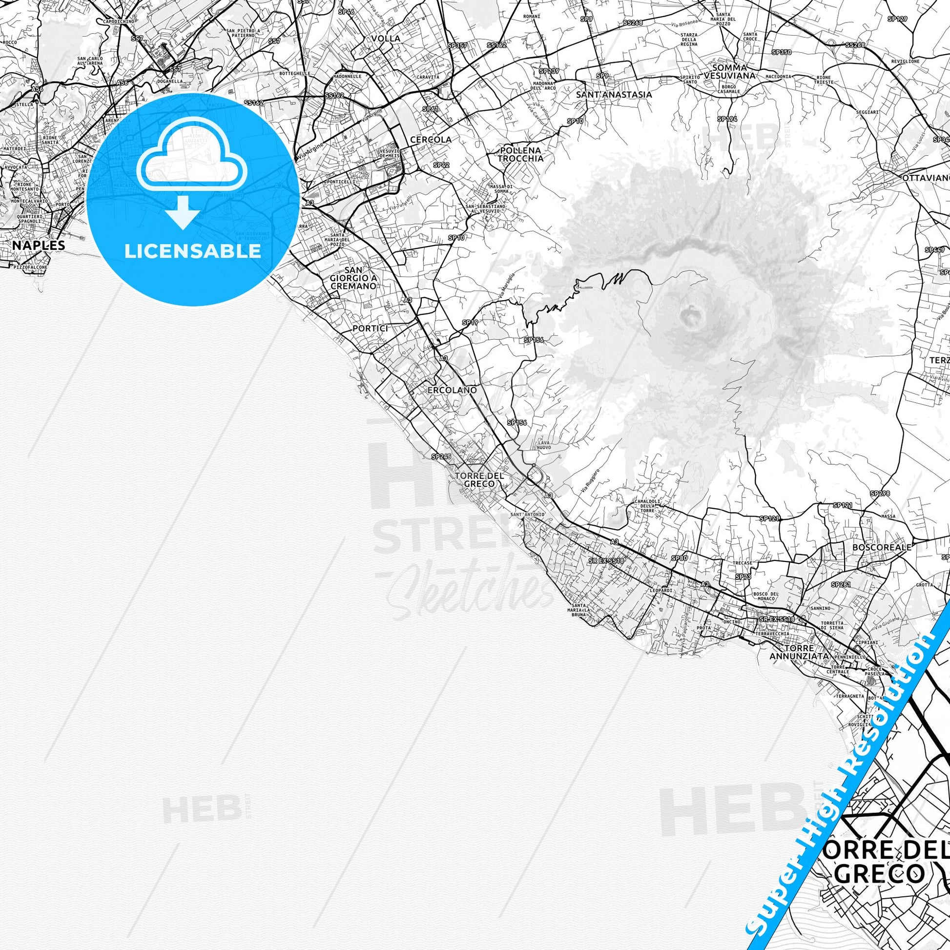 Torre del Greco, Italy light map with streetnames, citynames and districts
