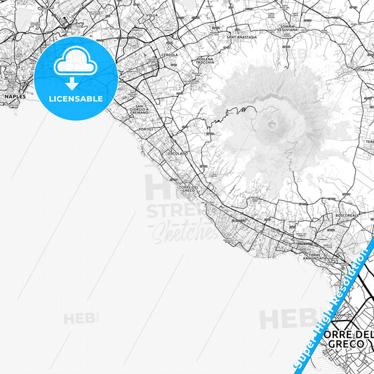 Torre del Greco, Italy light map with streetnames, citynames and districts