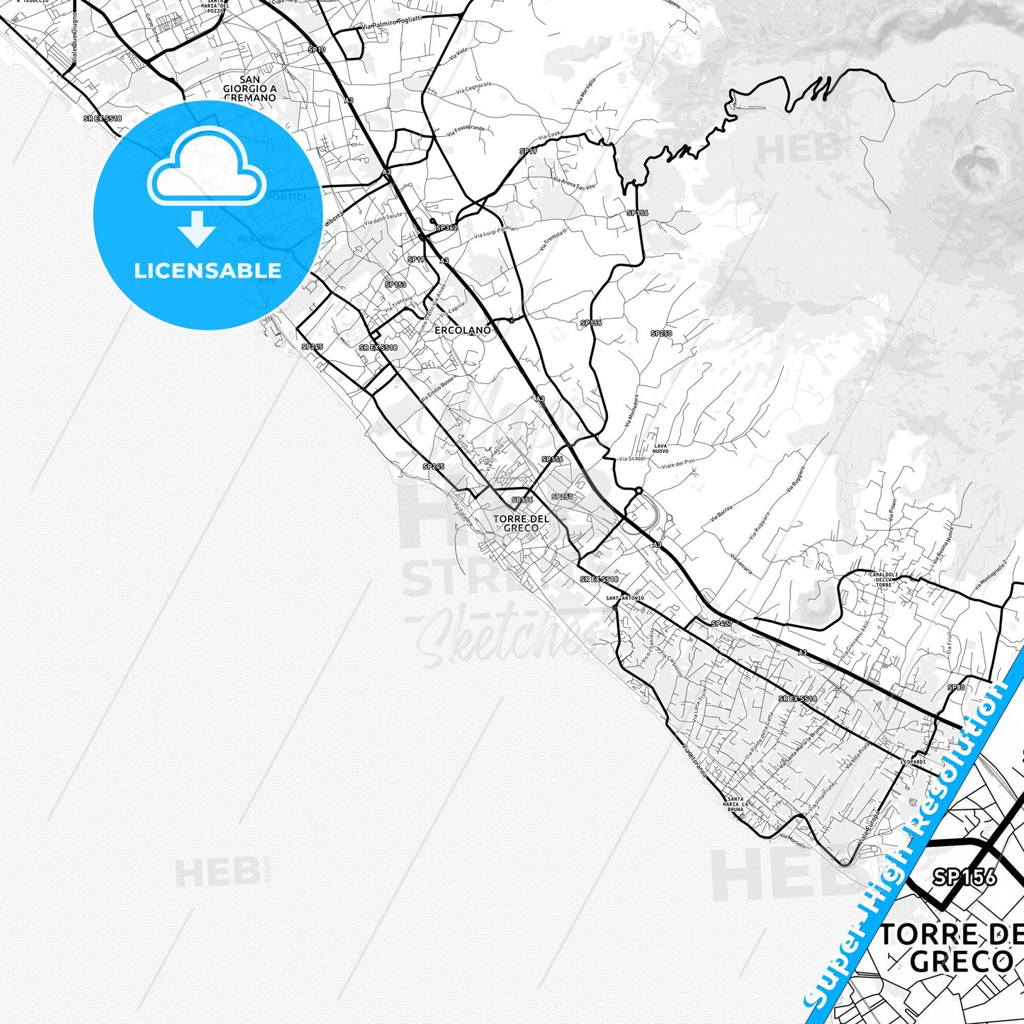 Torre del Greco, Italy Light Map with Street Names, City Names, and Districts