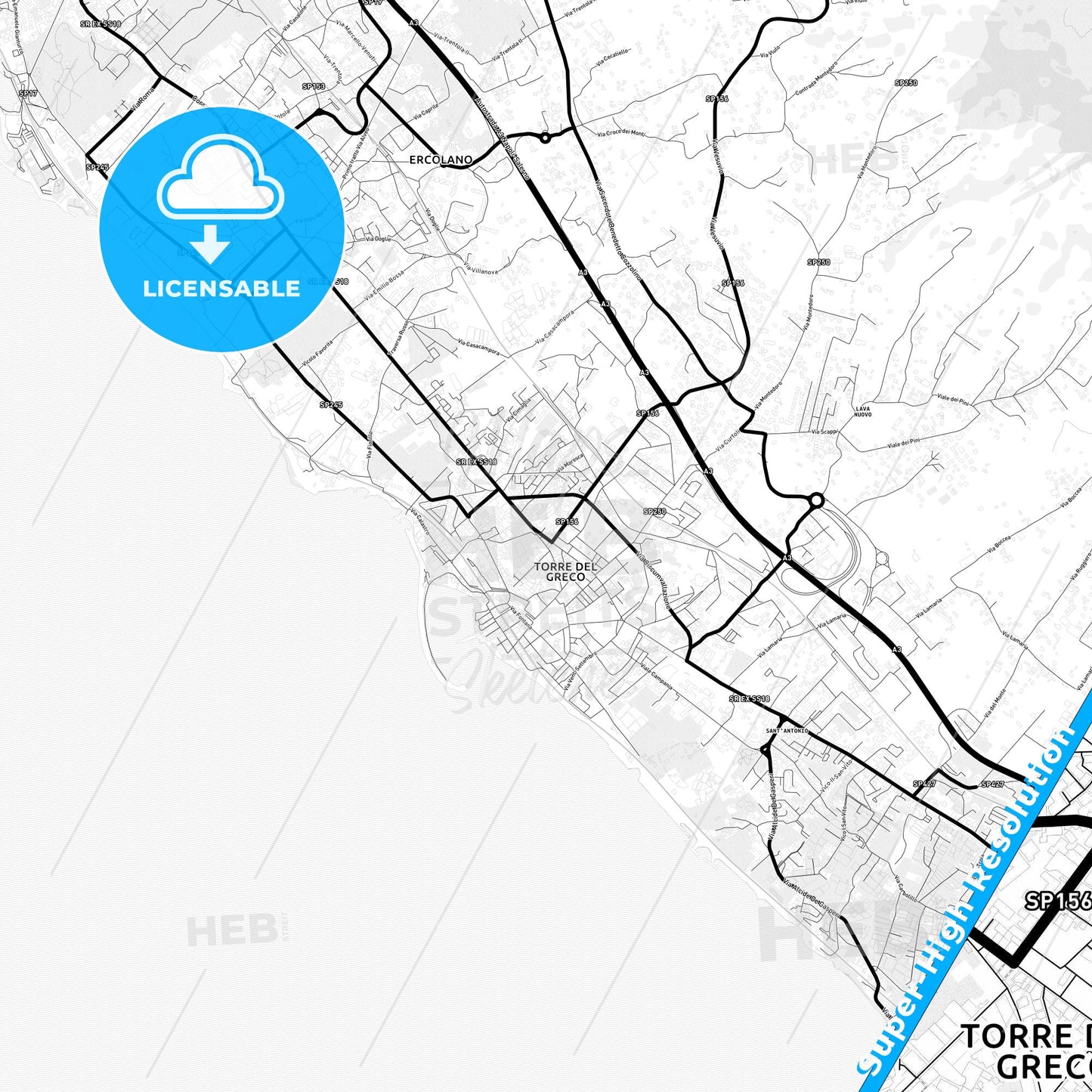 Torre del Greco, Italy Light Map with Street Names, City Names, and Districts